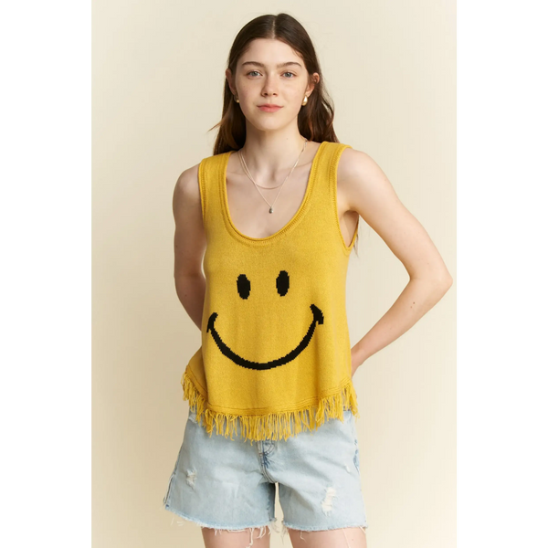 Trendsi cute emoji knit tank for beach in yellow with smiley face and fringe hem sleeveless top
