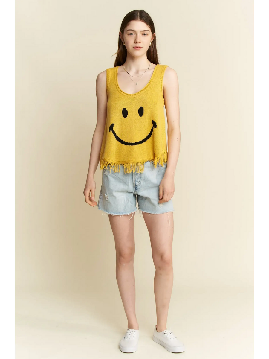 Trendsi cute emoji knit tank for beach in yellow sleeveless top with smiley face and fringe hem