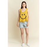 Trendsi cute emoji knit tank for beach in yellow sleeveless top with smiley face and fringe hem