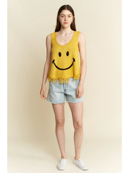 Trendsi cute emoji knit tank for beach in yellow sleeveless top with smiley face and fringe hem