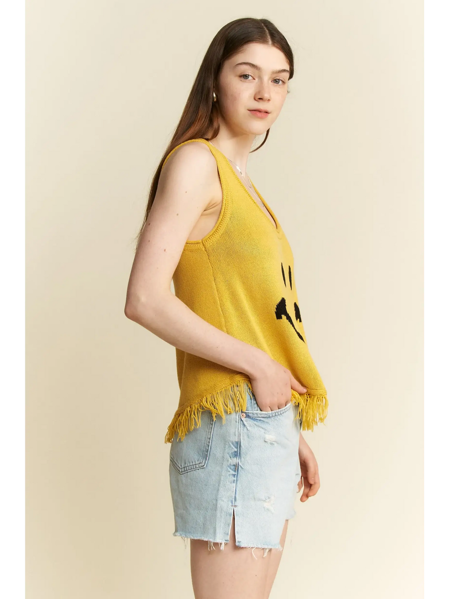 Trendsi sleeveless yellow top with smiley face and fringe hem, cute emoji knit tank for beach style