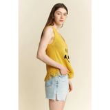 Trendsi sleeveless yellow top with smiley face and fringe hem, cute emoji knit tank for beach style
