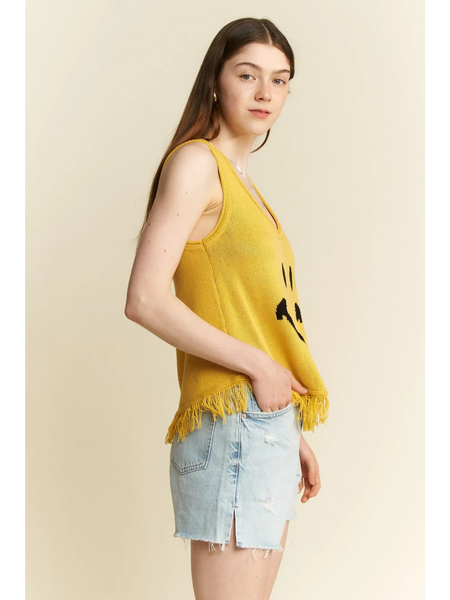 Trendsi sleeveless yellow top with smiley face and fringe hem, cute emoji knit tank for beach style