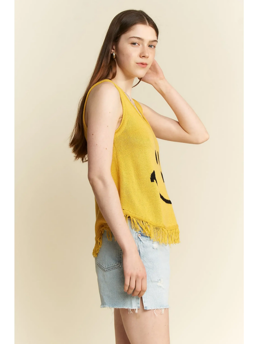 Trendsi yellow sleeveless cute emoji knit tank for beach with fringe hem worn with denim shorts