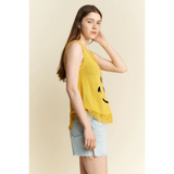 Trendsi yellow sleeveless cute emoji knit tank for beach with fringe hem worn with denim shorts