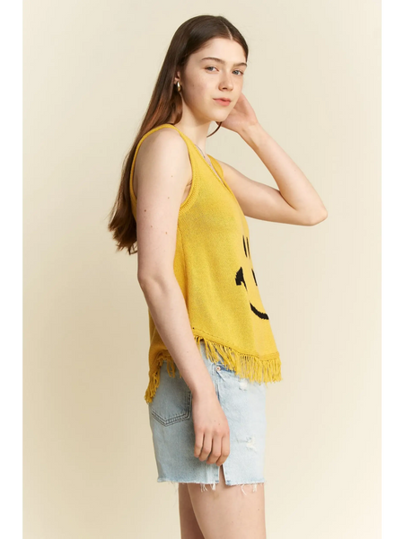 Trendsi yellow sleeveless cute emoji knit tank for beach with fringe hem worn with denim shorts