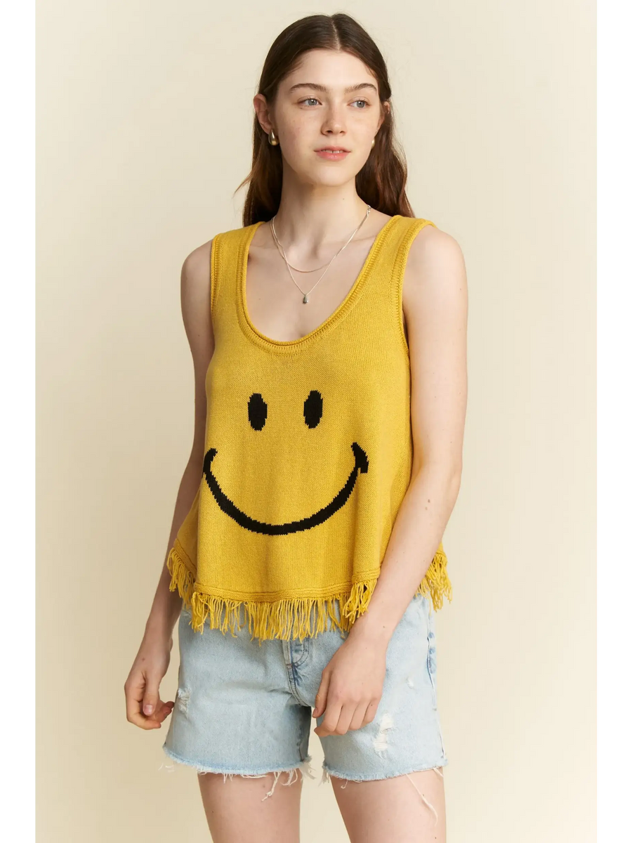 Trendsi sleeveless yellow cute emoji knit tank for beach with smiley face and fringe hem