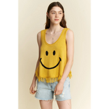 Trendsi sleeveless yellow cute emoji knit tank for beach with smiley face and fringe hem