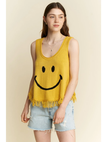 Trendsi sleeveless yellow cute emoji knit tank for beach with smiley face and fringe hem