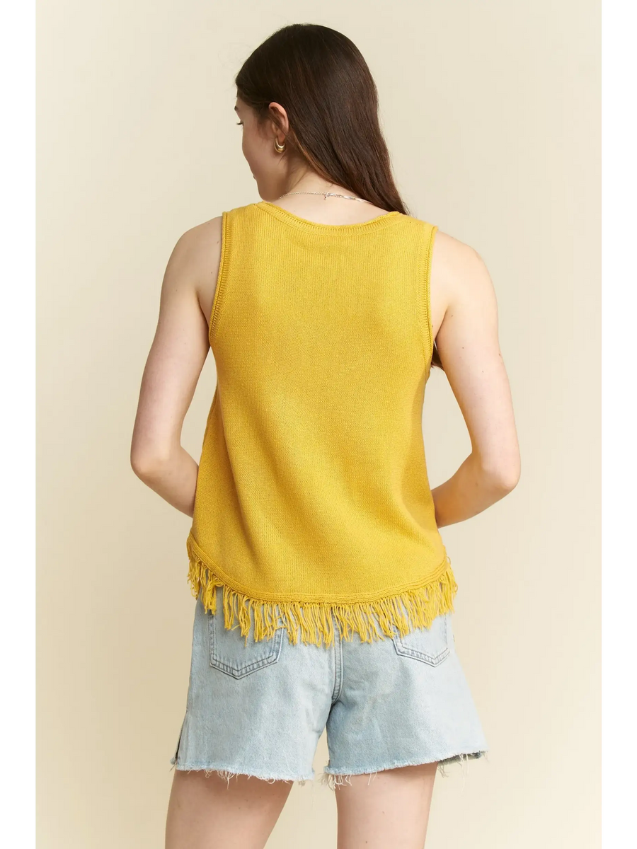 Trendsi cute emoji knit tank for beach in yellow sleeveless top with fringe hem worn with denim shorts