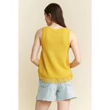 Trendsi cute emoji knit tank for beach in yellow sleeveless top with fringe hem worn with denim shorts