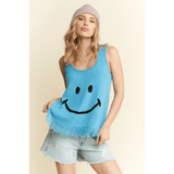 Trendsi sleeveless top with smiley face and fringe hem, cute vacation tops for women in blue