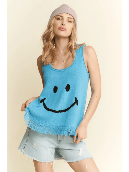 Trendsi sleeveless top with smiley face and fringe hem, cute vacation tops for women in blue