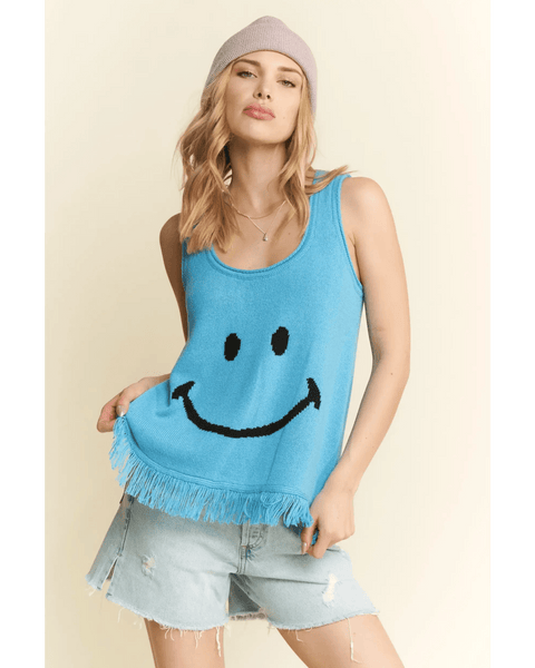 Trendsi sleeveless top with smiley face and fringe hem, cute vacation tops for women in blue