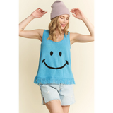 Trendsi sleeveless blue top with smiley face and fringe hem, cute vacation tops for women