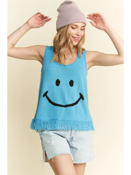 Trendsi sleeveless blue top with smiley face and fringe hem, cute vacation tops for women