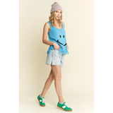 Trendsi sleeveless blue top with smiley face and fringe detail cute vacation tops for women