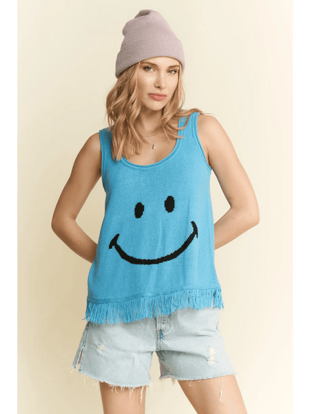 Trendsi sleeveless top with smiley face and fringe hem perfect cute vacation tops for women