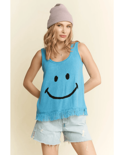 Trendsi sleeveless top with smiley face and fringe hem perfect cute vacation tops for women