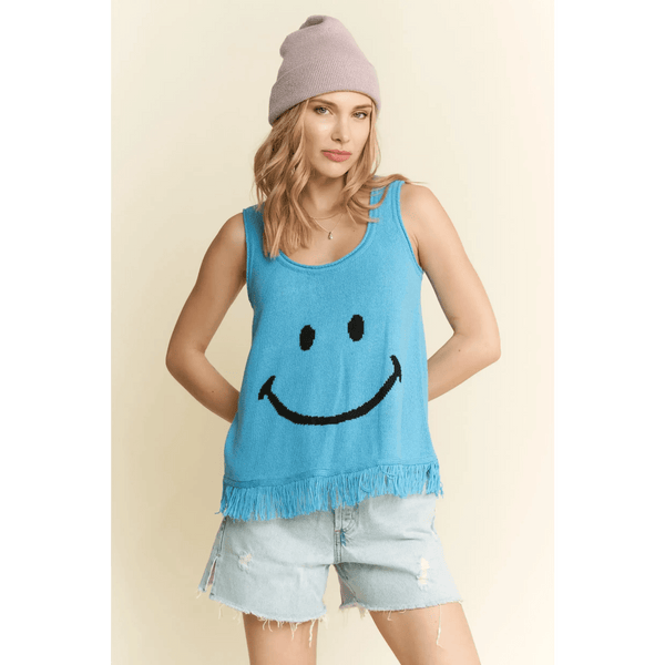 Trendsi sleeveless top with smiley face and fringe hem perfect cute vacation tops for women