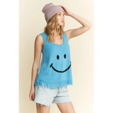 Trendsi blue sleeveless top with smiley face and fringe hem, one of the cute vacation tops for women
