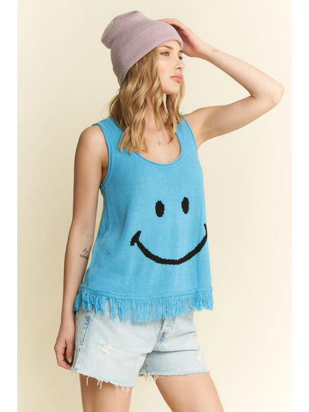 Trendsi blue sleeveless top with smiley face and fringe hem, one of the cute vacation tops for women