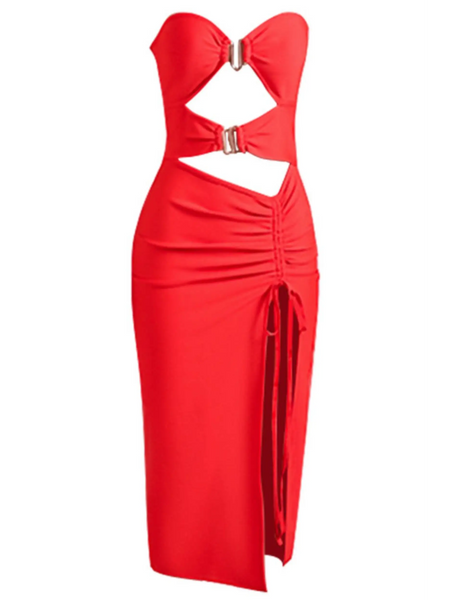Turn Heads in this Chic Red Strapless Midi Cutout Dress! - Beach Babes Beachwear - Fort Lauderdale