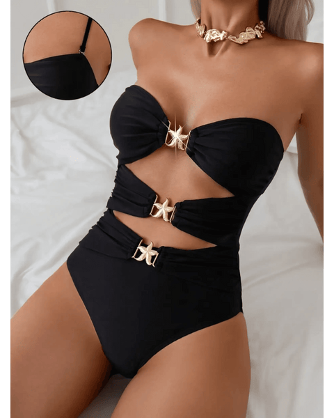 Beach Babes black cutout one piece swimsuit with gold buckle accents and strapless design