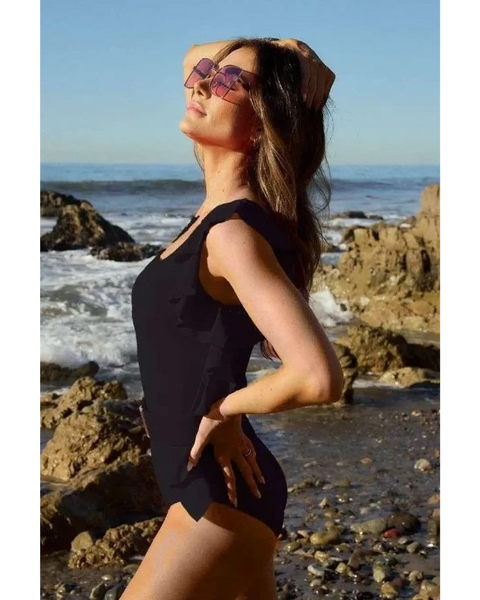 Stylish Belted Black One-Piece Cruise Swimsuit - Beach Babes Beachwear - Fort Lauderdale