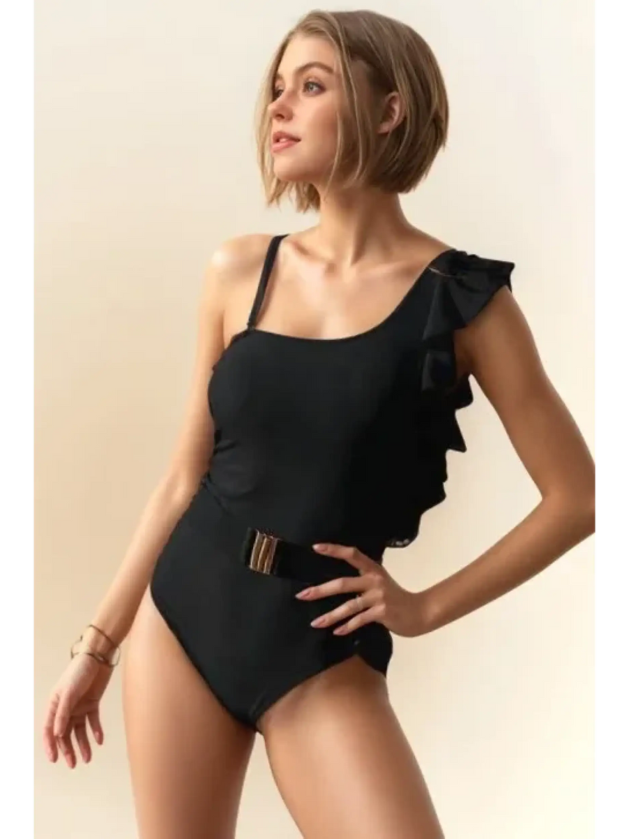 Stylish Belted Black One-Piece Cruise Swimsuit - Beach Babes Beachwear - Fort Lauderdale
