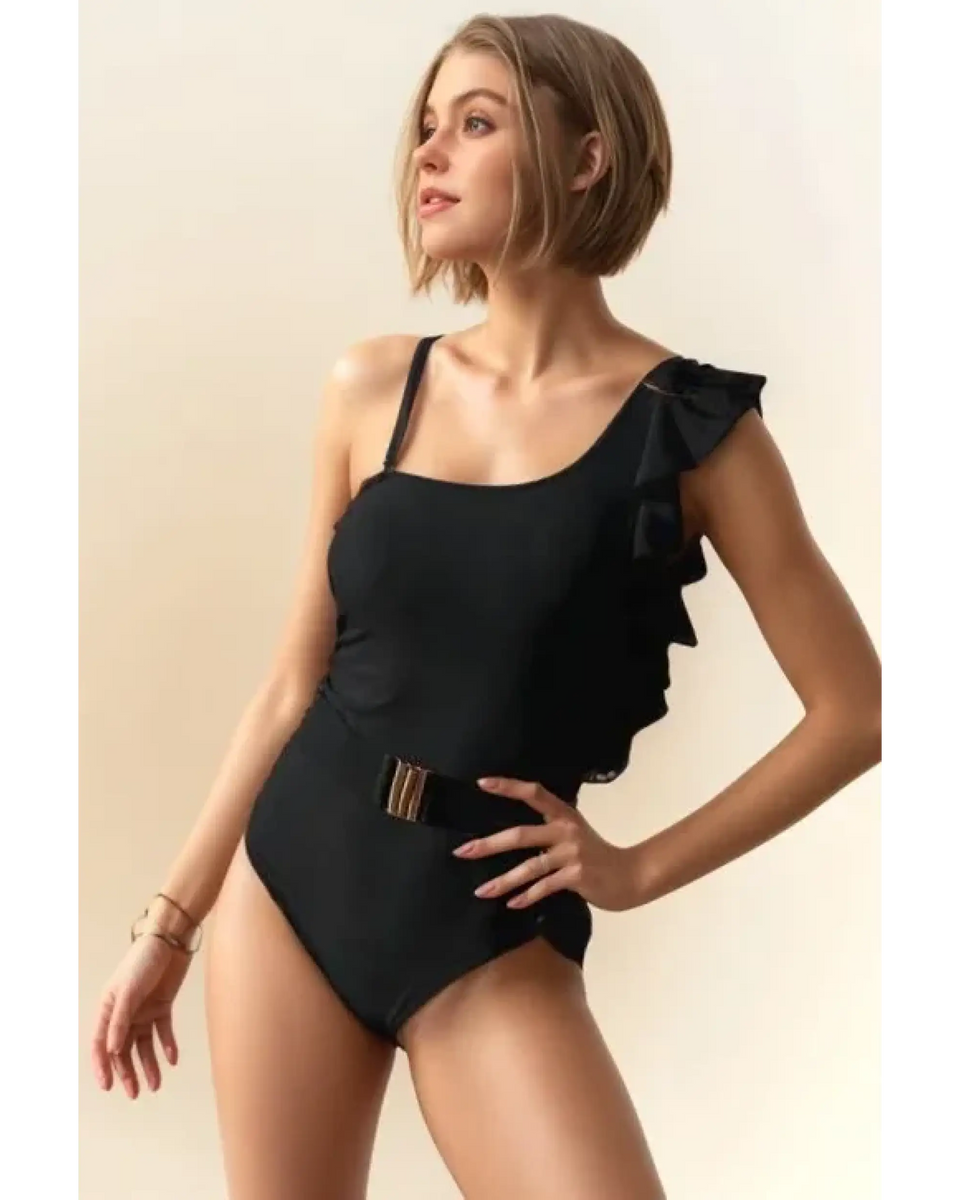 Stylish Belted Black One-Piece Cruise Swimsuit - Beach Babes Beachwear - Fort Lauderdale