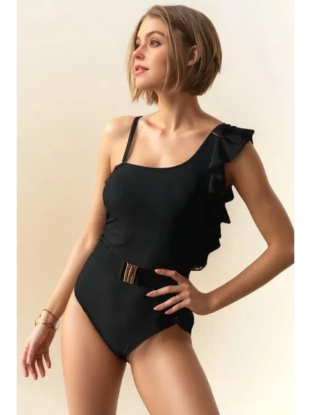 Stylish Belted Black One-Piece Cruise Swimsuit - Beach Babes Beachwear - Fort Lauderdale