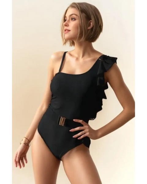 Stylish Belted Black One-Piece Cruise Swimsuit - Beach Babes Beachwear - Fort Lauderdale