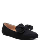 Rag Company women's denim bow loafers in black with large fabric bow and flat sole