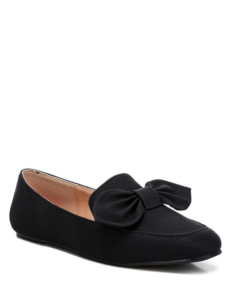 Rag Company women's denim bow loafers in black with large fabric bow and flat sole