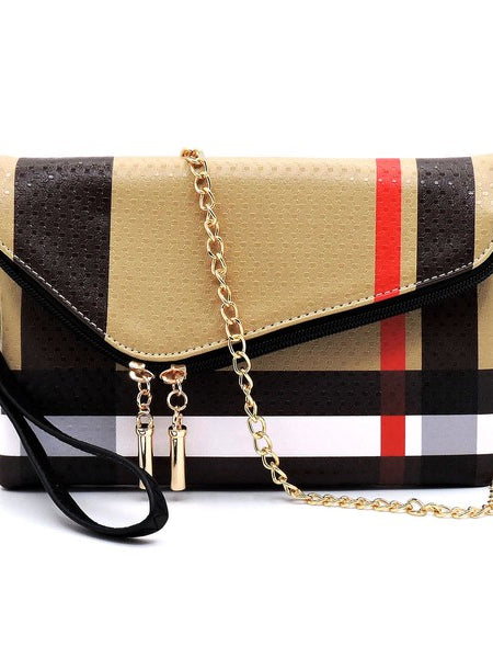 Designer Burnbury Envelope Clutch by Babe Beachwaer with beige black red plaid pattern and gold chain strap