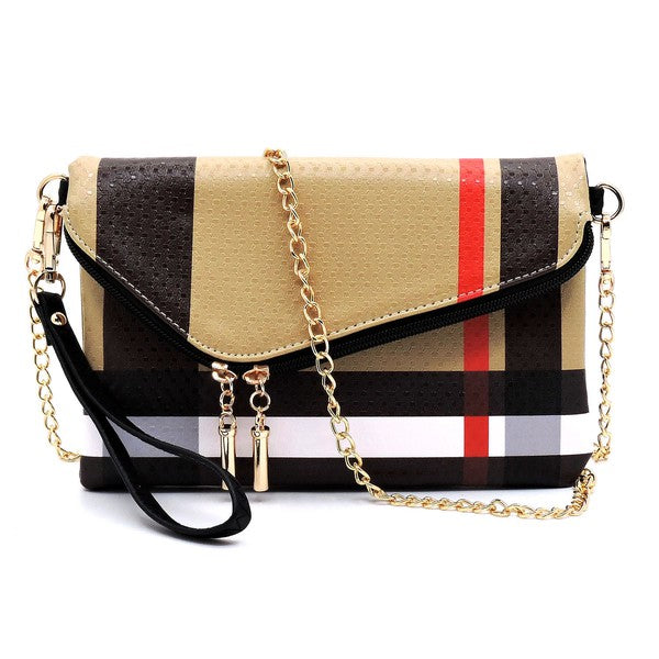 Designer Burnbury Envelope Clutch by Babe Beachwaer with beige black red plaid pattern and gold chain strap