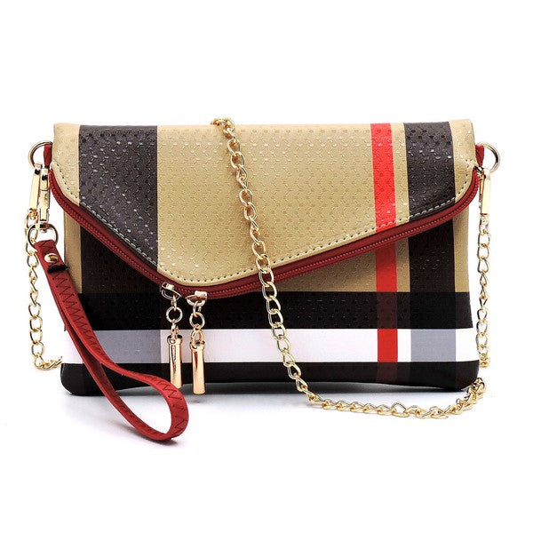 Babe Beachwaer Designer Burnbury Envelope Clutch with plaid pattern and gold chain strap
