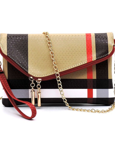 Babe Beachwaer Designer Burnbury Envelope Clutch with plaid pattern and gold chain strap