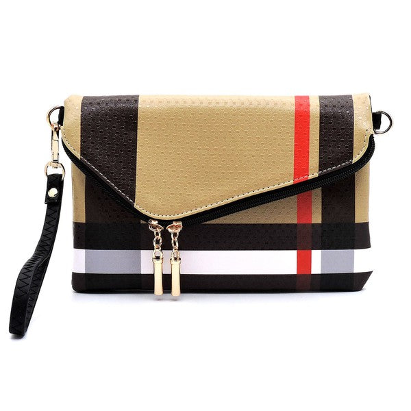 Designer Burnbury Envelope Clutch by Babe Beachwaer in beige with black and red stripes and a detachable wrist strap