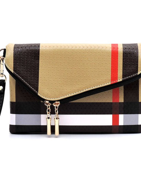 Designer Burnbury Envelope Clutch by Babe Beachwaer in beige with black and red stripes and a detachable wrist strap