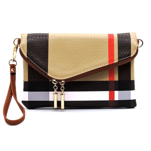 Designer Burnbury Envelope Clutch by Babe Beachwear with beige black and red plaid pattern and wrist strap