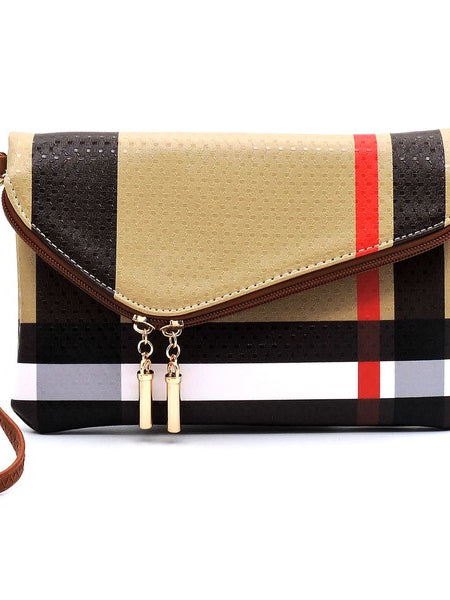 Designer Burnbury Envelope Clutch by Babe Beachwear with beige black and red plaid pattern and wrist strap