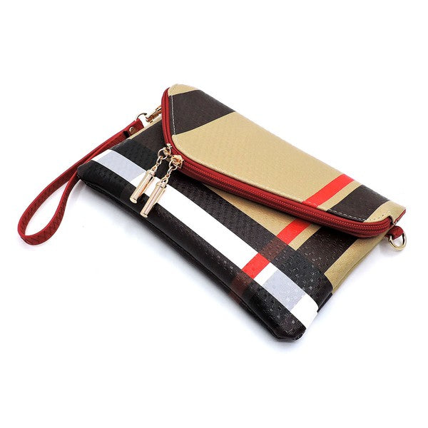 Designer Burnbury Envelope Clutch bag by Babe Beachwaer with red, black, beige, and white stripes and wrist strap