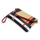 Designer Burnbury Envelope Clutch bag by Babe Beachwaer with red, black, beige, and white stripes and wrist strap