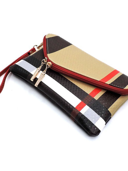 Designer Burnbury Envelope Clutch bag by Babe Beachwaer with red, black, beige, and white stripes and wrist strap