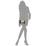 Designer Burnbury Envelope Clutch in plaid pattern with gold chain strap worn by silhouette model