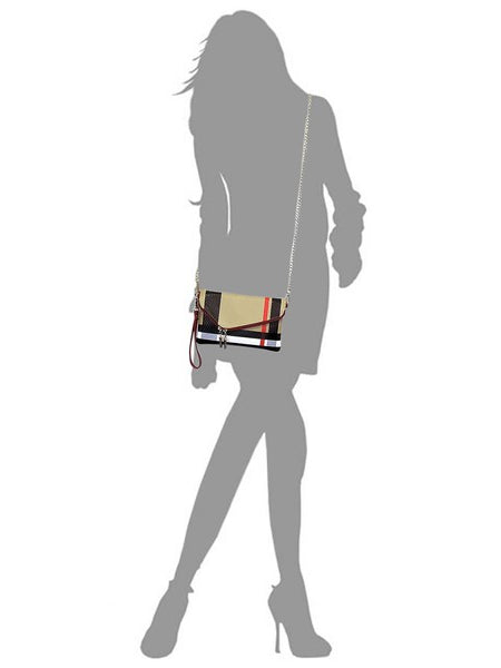 Designer Burnbury Envelope Clutch in plaid pattern with gold chain strap worn by silhouette model