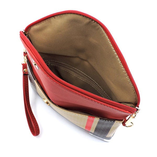 Open Designer Burnbury Envelope Clutch by Babe Beachwaer showing red interior and multi-color exterior zipper pouch