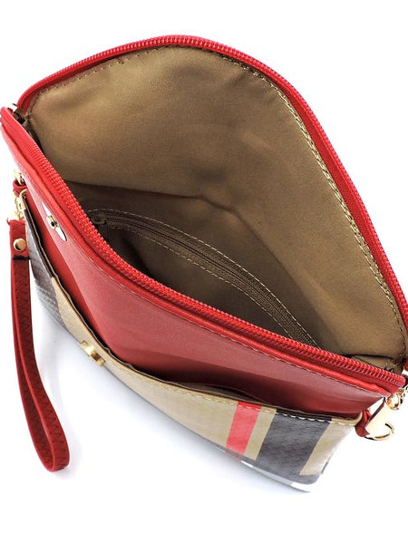 Open Designer Burnbury Envelope Clutch by Babe Beachwaer showing red interior and multi-color exterior zipper pouch